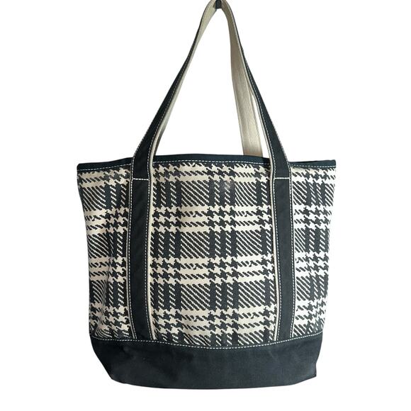 Lands’ End Large Canvas Tote Bag Black White Plaid Houndstooth Shoulder Carryall - Picture 3 of 15